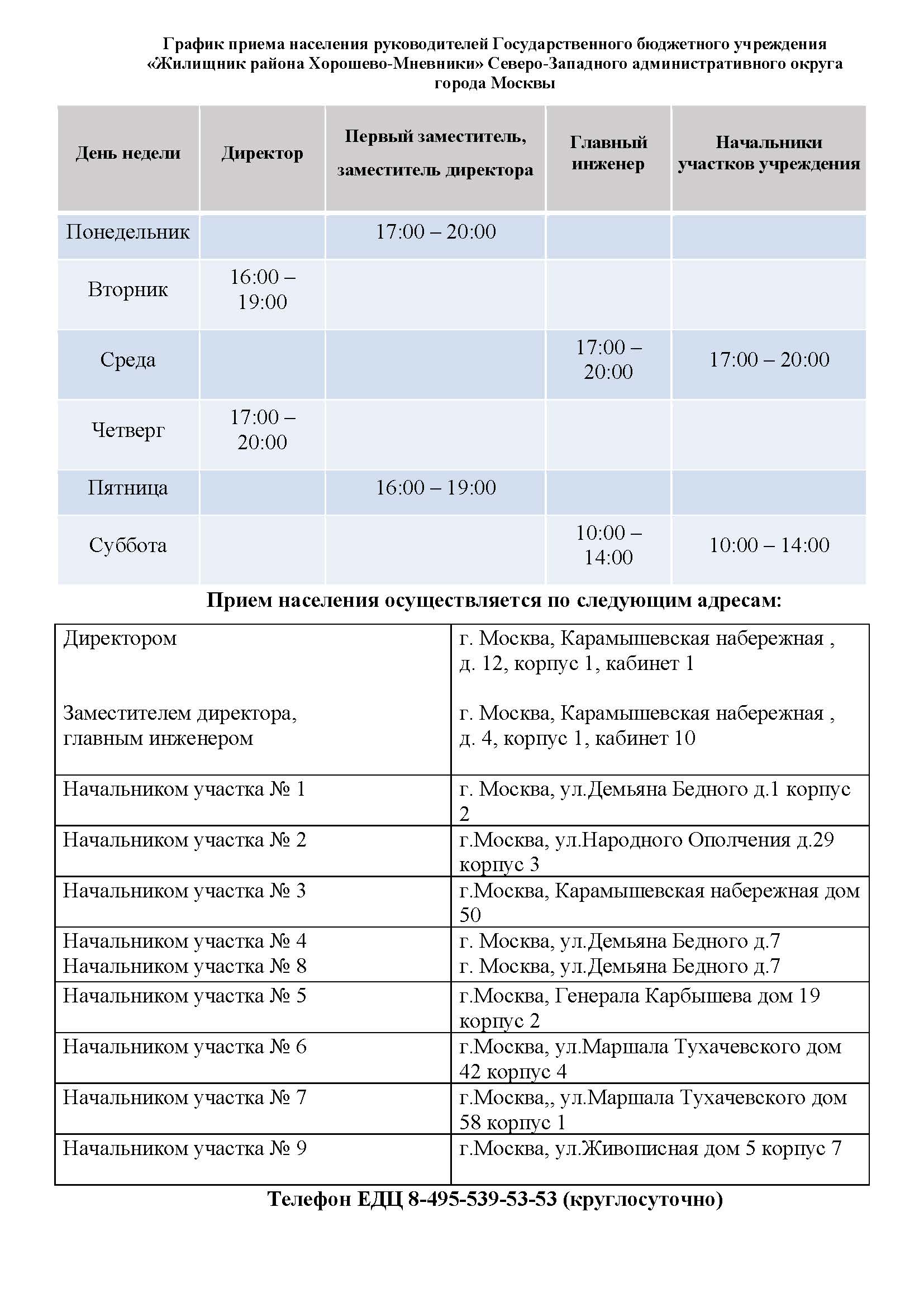 График приема населения руководителей Государственного бюджетного учреждения 1